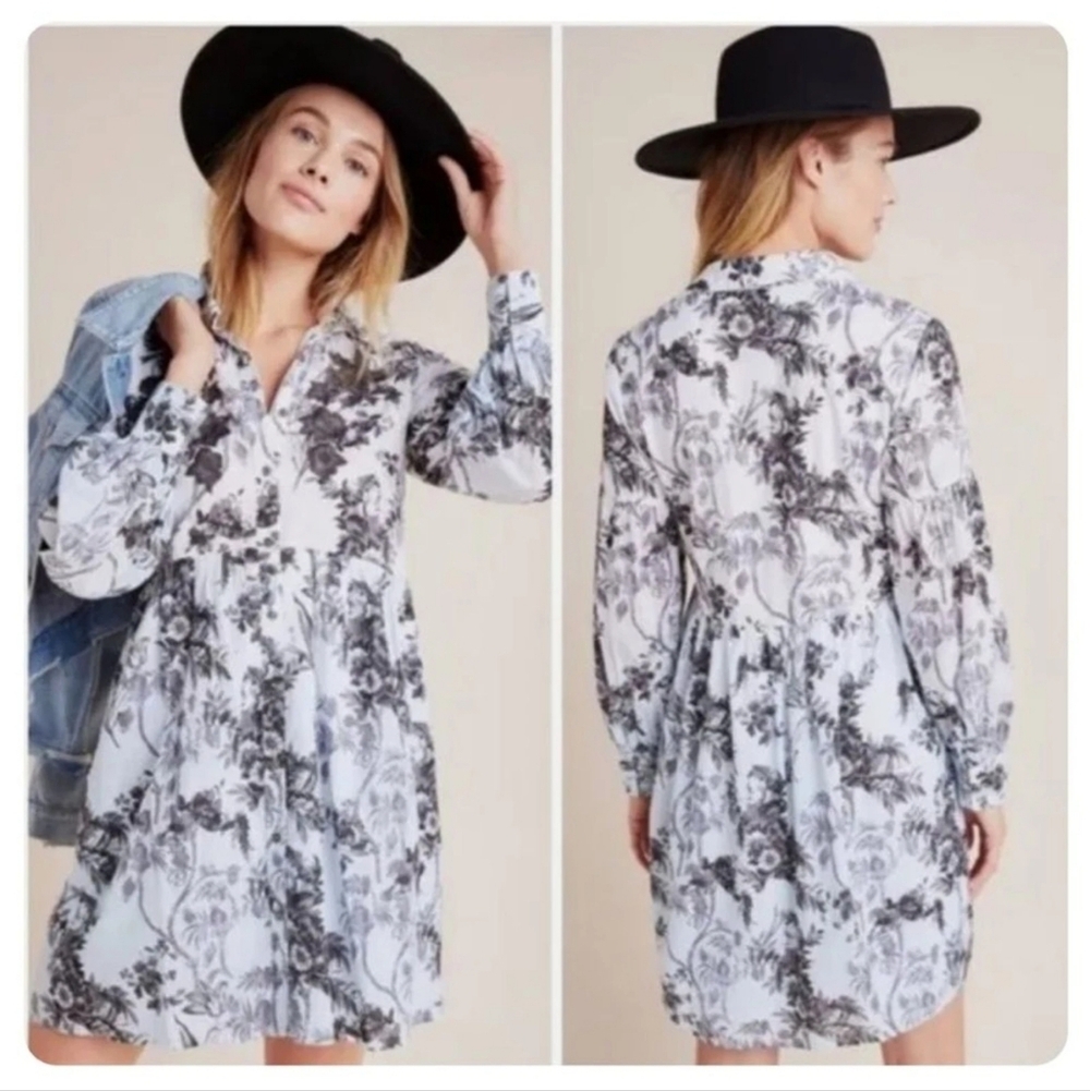 Anthropologie Lavina Embroidered Floral Shirtdress Size US 2